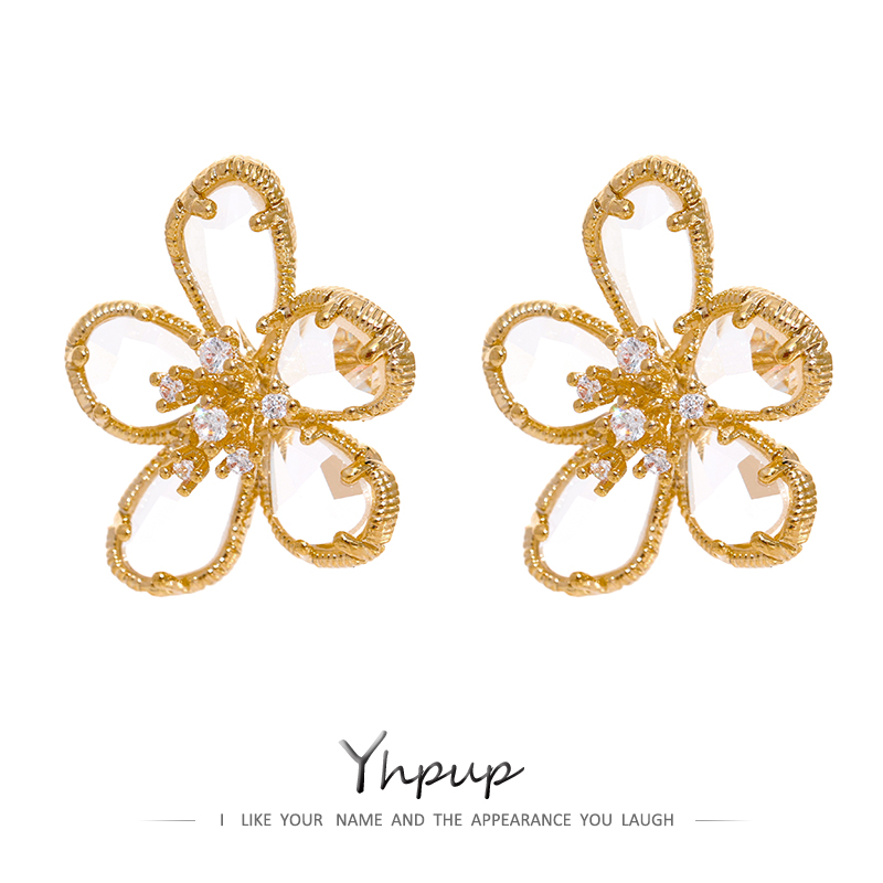 Yhpup 반짝 큐빅 지르코니아 꽃 스터드 귀걸이 절묘한 유행 구리 14 K 여성 귀걸이 украшения 2022 бижутерия 선물